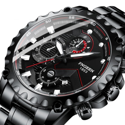 FNGEEN 5055 Men Waterproof Sports Fashion Stainless Steel Watch, Black Steel Black Surface, White Steel Black Surface, White Steel White Surface, Black Leather Black Steel Black Surface, Black Leather White Steel Black Surface