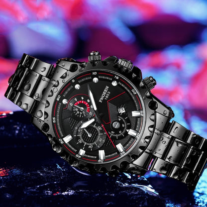 FNGEEN 5055 Men Waterproof Sports Fashion Stainless Steel Watch, Black Steel Black Surface, White Steel Black Surface, White Steel White Surface, Black Leather Black Steel Black Surface, Black Leather White Steel Black Surface