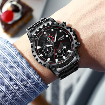 FNGEEN 5055 Men Waterproof Sports Fashion Stainless Steel Watch, Black Steel Black Surface, White Steel Black Surface, White Steel White Surface, Black Leather Black Steel Black Surface, Black Leather White Steel Black Surface