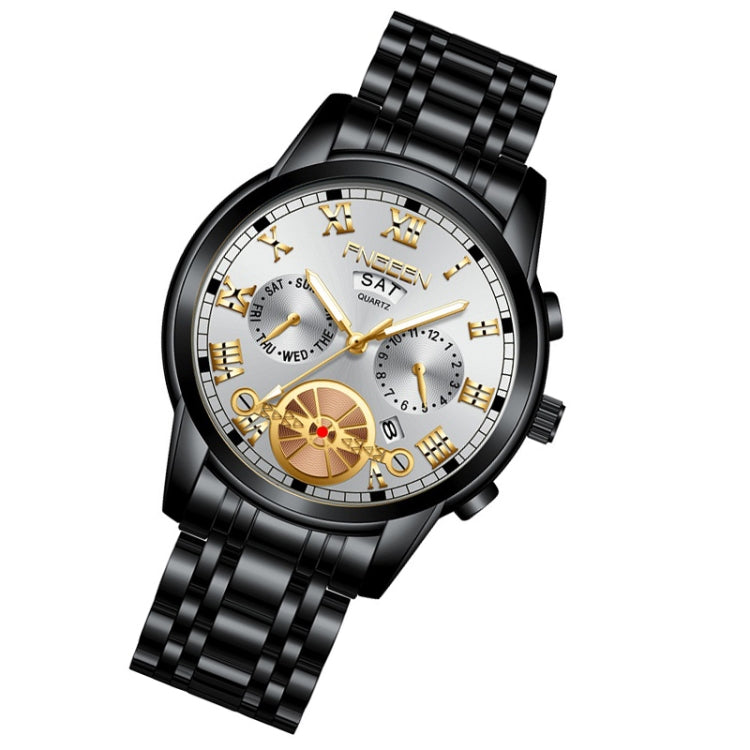 FNGEEN 4001 Men Non-Mechanical Watch Multi-Function Quartz Watch, Black Steel White Surface Gold Nails, Brown Leather Gold Black Surface
