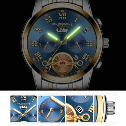 FNGEEN 4001 Men Non-Mechanical Watch Multi-Function Quartz Watch, Black Steel White Surface Gold Nails, Brown Leather Gold Black Surface