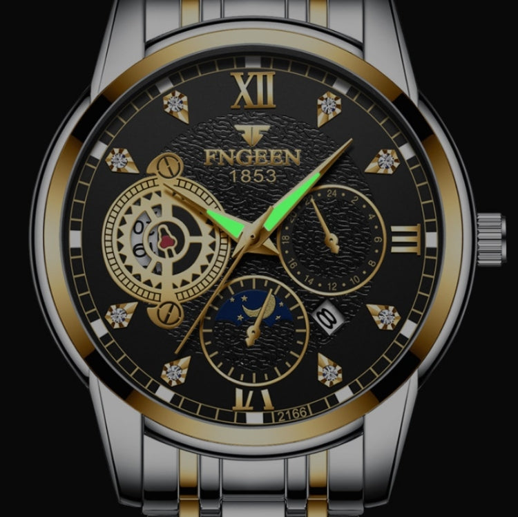 FNGEEN 2166 Men Three-eye Hollow Quartz Watch Student Sports Electronic Watch, Black Steel Black Surface Gold Nails, Between Gold Black Surface, Between Gold Blue Surface, Between Gold White Surface, White Steel White Surface, White Steel Blue Surface