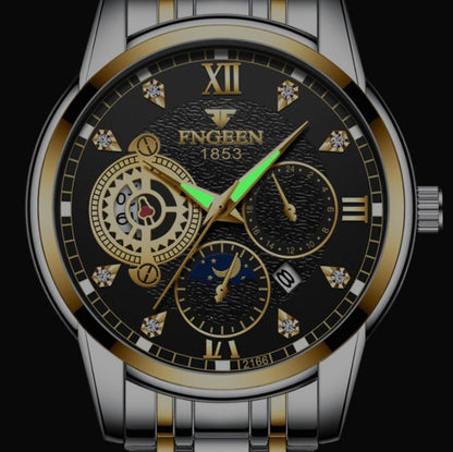 FNGEEN 2166 Men Three-eye Hollow Quartz Watch Student Sports Electronic Watch, Black Steel Black Surface Gold Nails, Between Gold Black Surface, Between Gold Blue Surface, Between Gold White Surface, White Steel White Surface, White Steel Blue Surface