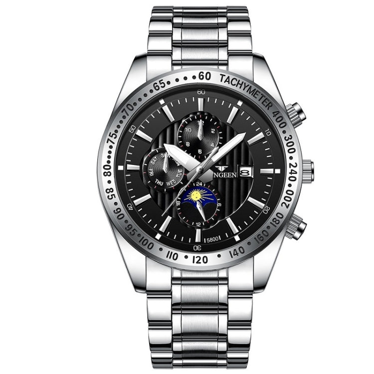 FNGEEN 5800 Men Three Eyes and Six Pins Watch Student Quartz Watch, Black Steel Black Surface, Black Steel White Surface, White Steel Black Surface, White Steel White Surface, Black Leather Black Steel Black Surface