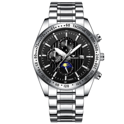 FNGEEN 5800 Men Three Eyes and Six Pins Watch Student Quartz Watch, Black Steel Black Surface, Black Steel White Surface, White Steel Black Surface, White Steel White Surface, Black Leather Black Steel Black Surface