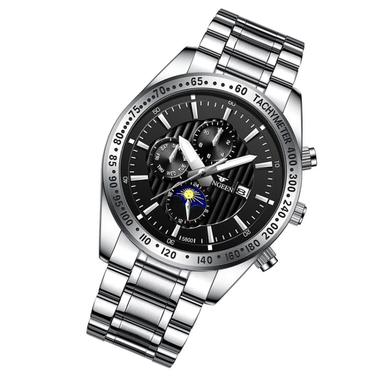 FNGEEN 5800 Men Three Eyes and Six Pins Watch Student Quartz Watch, Black Steel Black Surface, Black Steel White Surface, White Steel Black Surface, White Steel White Surface, Black Leather Black Steel Black Surface