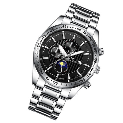 FNGEEN 5800 Men Three Eyes and Six Pins Watch Student Quartz Watch, Black Steel Black Surface, Black Steel White Surface, White Steel Black Surface, White Steel White Surface, Black Leather Black Steel Black Surface