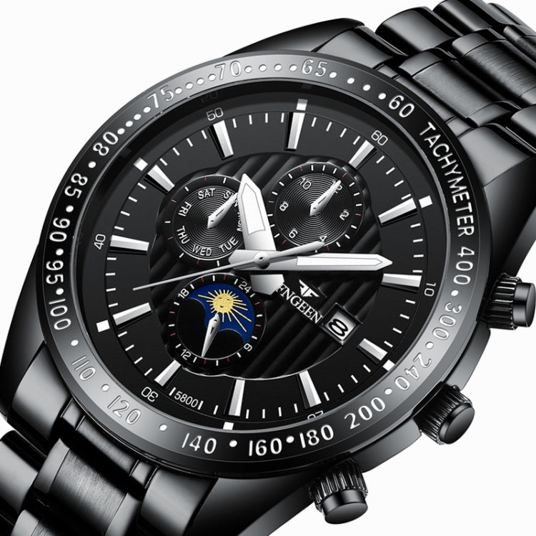 FNGEEN 5800 Men Three Eyes and Six Pins Watch Student Quartz Watch, Black Steel Black Surface, Black Steel White Surface, White Steel Black Surface, White Steel White Surface, Black Leather Black Steel Black Surface