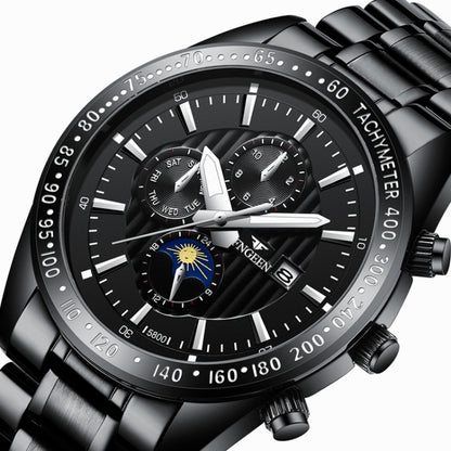 FNGEEN 5800 Men Three Eyes and Six Pins Watch Student Quartz Watch, Black Steel Black Surface, Black Steel White Surface, White Steel Black Surface, White Steel White Surface, Black Leather Black Steel Black Surface