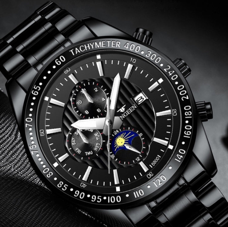 FNGEEN 5800 Men Three Eyes and Six Pins Watch Student Quartz Watch, Black Steel Black Surface, Black Steel White Surface, White Steel Black Surface, White Steel White Surface, Black Leather Black Steel Black Surface