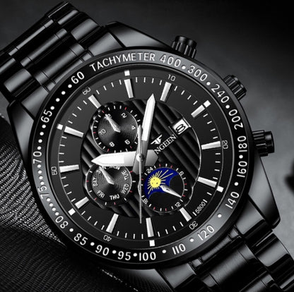 FNGEEN 5800 Men Three Eyes and Six Pins Watch Student Quartz Watch, Black Steel Black Surface, Black Steel White Surface, White Steel Black Surface, White Steel White Surface, Black Leather Black Steel Black Surface