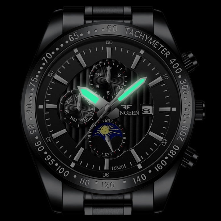 FNGEEN 5800 Men Three Eyes and Six Pins Watch Student Quartz Watch, Black Steel Black Surface, Black Steel White Surface, White Steel Black Surface, White Steel White Surface, Black Leather Black Steel Black Surface