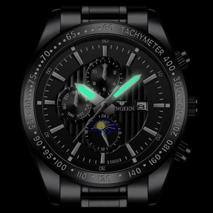 FNGEEN 5800 Men Three Eyes and Six Pins Watch Student Quartz Watch, Black Steel Black Surface, Black Steel White Surface, White Steel Black Surface, White Steel White Surface, Black Leather Black Steel Black Surface