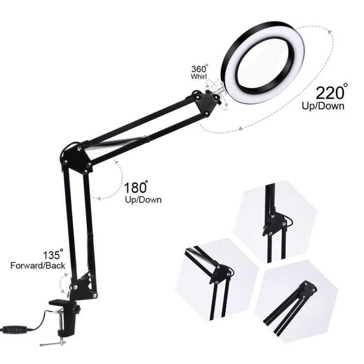 LED Eye Protection Reading Book Light USB Folding Clip Magnifying Glass Electronic Maintenance Light, 5X-S (Black)