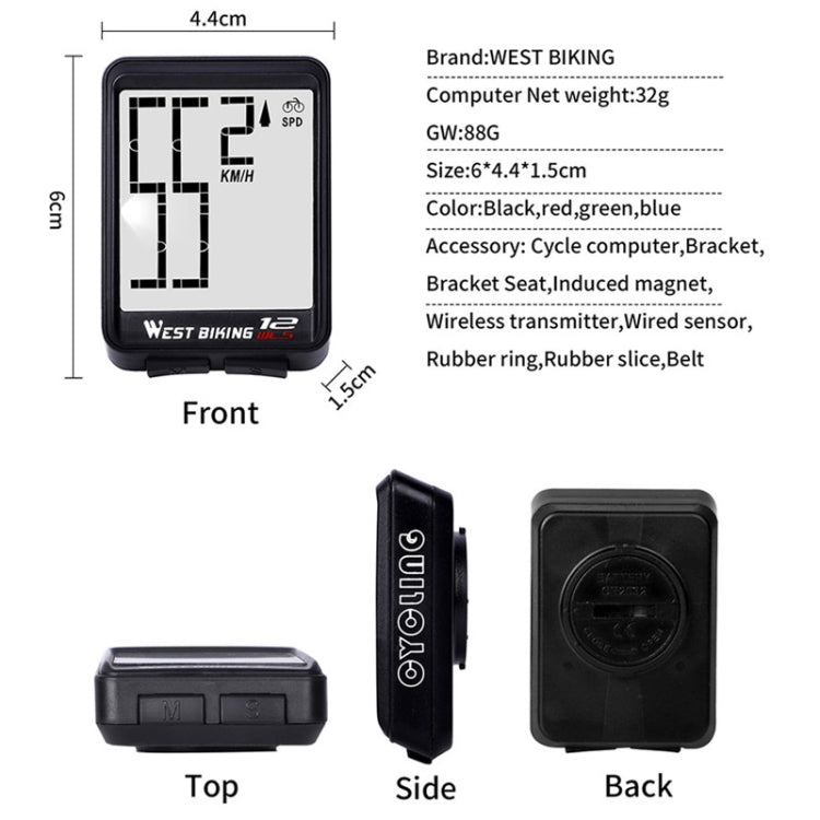 WEST BIKING Mountain Road Bike Wireless Big Character Table Big Screen Waterproof Night Light Speed Speedometer, Night Light Speed Speedometer(Green), Night Light Speed Speedometer(Black), Night Light Speed Speedometer(Red)