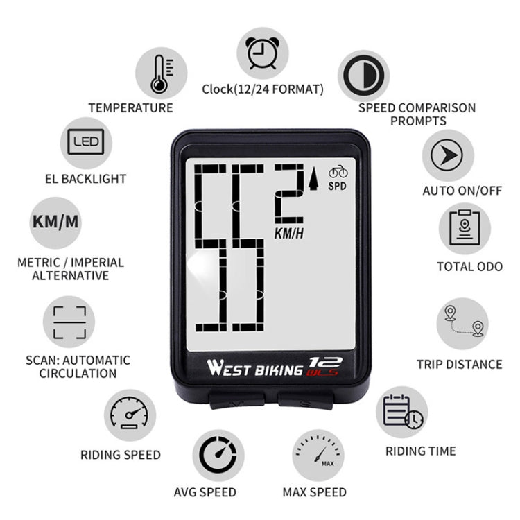 WEST BIKING Mountain Road Bike Wireless Big Character Table Big Screen Waterproof Night Light Speed Speedometer, Night Light Speed Speedometer(Green), Night Light Speed Speedometer(Black), Night Light Speed Speedometer(Red)