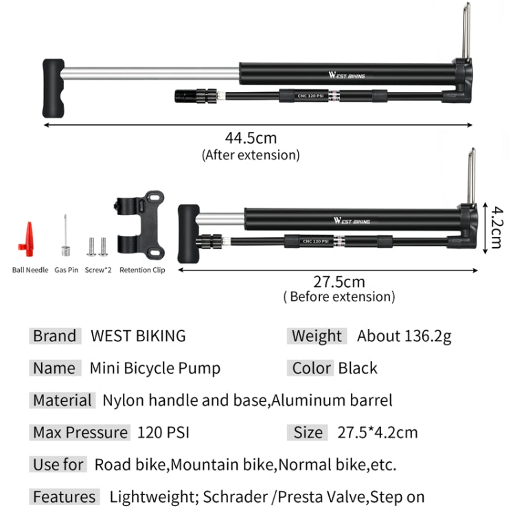 WEST BIKING High Pressure Bicycle Vertical Pump With Barometer, West Biking Vertical Pump