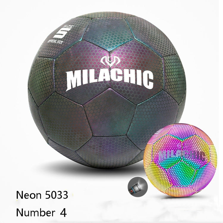 MILACHIC PU Leather Machine Stitch Reflective Football, Specification: Number 4 (Neon 5033), Number 4 (Neon 5033), Number 4 (Colorful 5031), Number 5 (Neon 5032), Number 5 (Colorful 5034), Number 5 (Black Gray Rhombic 5039)