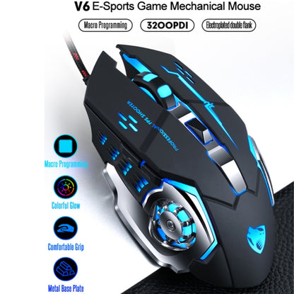 T-WOLF V6 USB Interface 6-Buttons 3200 DPI Wired Mouse Gaming Mechanical Macro Programming 7-Color Luminous Gaming Mouse, Cable Length: 1.5m, Macro Definition Audio Version Black Silver, Macro Definition Audio Version Iron Gray