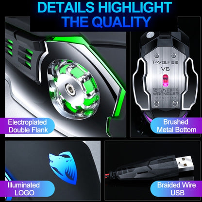 T-WOLF V6 USB Interface 6-Buttons 3200 DPI Wired Mouse Gaming Mechanical Macro Programming 7-Color Luminous Gaming Mouse, Cable Length: 1.5m, Macro Definition Audio Version Black Silver, Macro Definition Audio Version Iron Gray