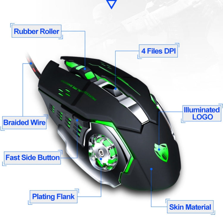 T-WOLF V6 USB Interface 6-Buttons 3200 DPI Wired Mouse Gaming Mechanical Macro Programming 7-Color Luminous Gaming Mouse, Cable Length: 1.5m, Macro Definition Audio Version Black Silver, Macro Definition Audio Version Iron Gray