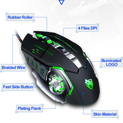 T-WOLF V6 USB Interface 6-Buttons 3200 DPI Wired Mouse Gaming Mechanical Macro Programming 7-Color Luminous Gaming Mouse, Cable Length: 1.5m, Macro Definition Audio Version Black Silver, Macro Definition Audio Version Iron Gray