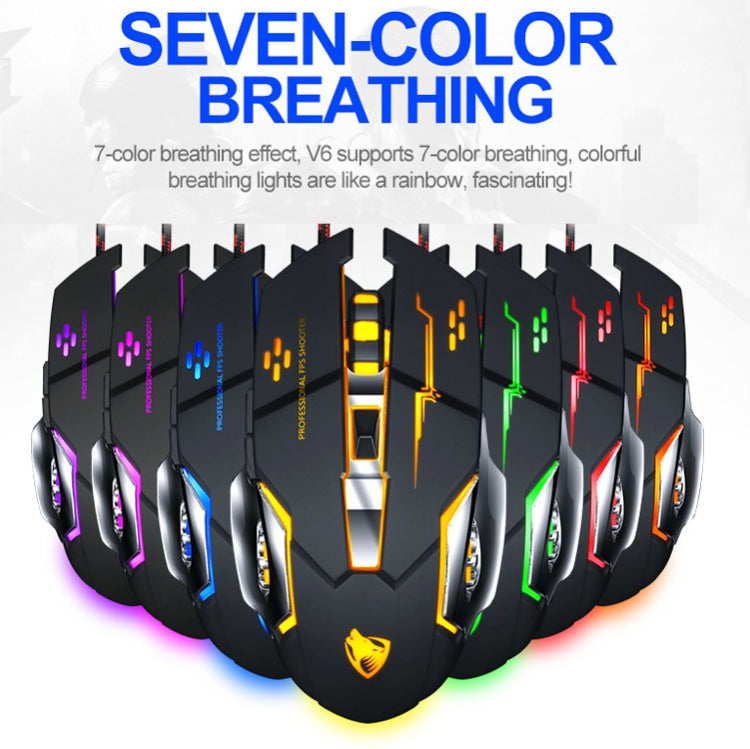 T-WOLF V6 USB Interface 6-Buttons 3200 DPI Wired Mouse Gaming Mechanical Macro Programming 7-Color Luminous Gaming Mouse, Cable Length: 1.5m, Macro Definition Audio Version Black Silver, Macro Definition Audio Version Iron Gray
