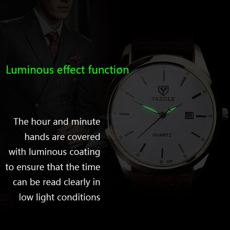 YAZOLE 308 Luminous Quartz Watch Men Watch, White Tray Brown Belt, White Tray Black Belt, Black Tray Black Belt, Black Tray Brown Belt, White Tray Silver Steel Strip, Black Tray Silver Steel Strip, Black Shell Black Tray Black Belt