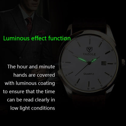 YAZOLE 308 Luminous Quartz Watch Men Watch, White Tray Brown Belt, White Tray Black Belt, Black Tray Black Belt, Black Tray Brown Belt, White Tray Silver Steel Strip, Black Tray Silver Steel Strip, Black Shell Black Tray Black Belt