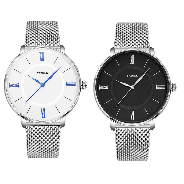 YAZOLE 530 Simple Roman Numeral Dial Couple Watch Mesh Strap Watch, Small White Tray, Small Black Tray, Large White Tray, Large Black Tray