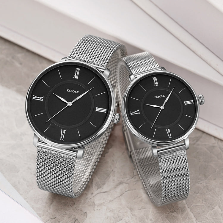 YAZOLE 530 Simple Roman Numeral Dial Couple Watch Mesh Strap Watch, Small White Tray, Small Black Tray, Large White Tray, Large Black Tray