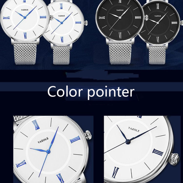 YAZOLE 530 Simple Roman Numeral Dial Couple Watch Mesh Strap Watch, Small White Tray, Small Black Tray, Large White Tray, Large Black Tray