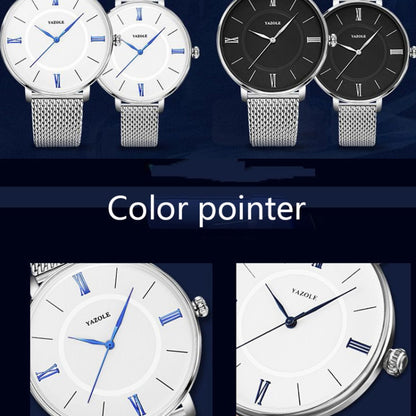 YAZOLE 530 Simple Roman Numeral Dial Couple Watch Mesh Strap Watch, Small White Tray, Small Black Tray, Large White Tray, Large Black Tray