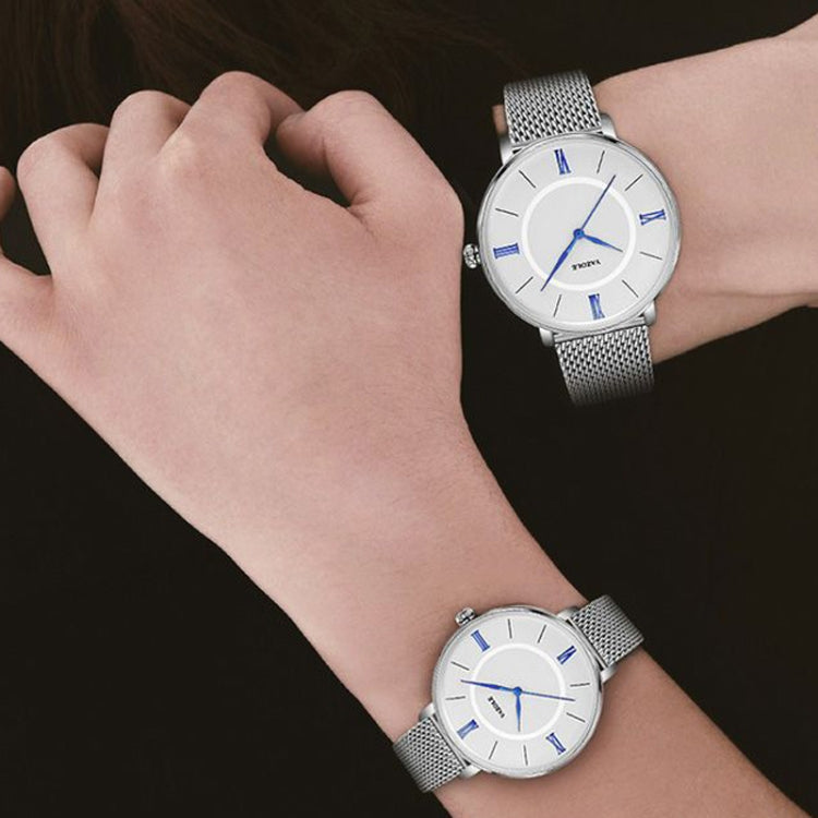 YAZOLE 530 Simple Roman Numeral Dial Couple Watch Mesh Strap Watch, Small White Tray, Small Black Tray, Large White Tray, Large Black Tray