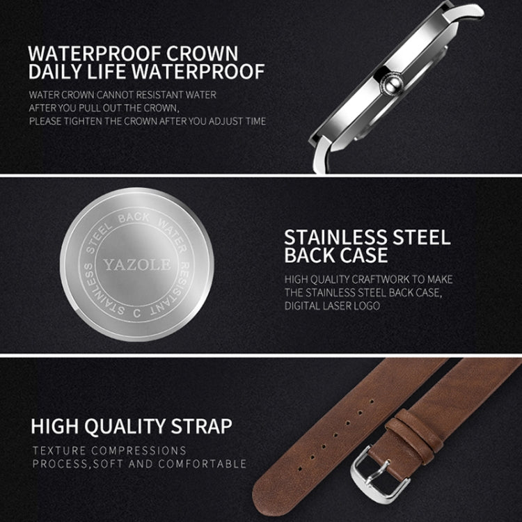 YAZOLE 506 Simple Large Scale Dial Men Business Quartz Watch, Silver Shell Black Tray Black Belt, Silver Shell White Tray Black Belt, Silver Shell Black Tray Brown Belt, Silver Shell White Tray Brown Belt, Black Shell Black Tray Black Belt