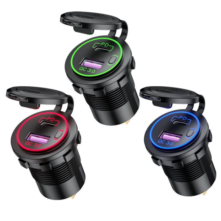 Car Motorcycle Ship Modified USB Charger Waterproof PD + QC3.0 Fast Charge, Blue Light With Terminal, Red Light With Terminal, Green Light With Terminal, Red Light With 60cm Line, Green Light With 60cm Line