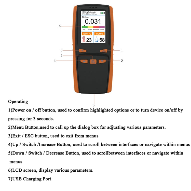 DM509-O3 Handheld Portable Ozone Analyzer O3 Ozone Gas Detector Intelligent Sensor Ozone Meter, Black Orange
