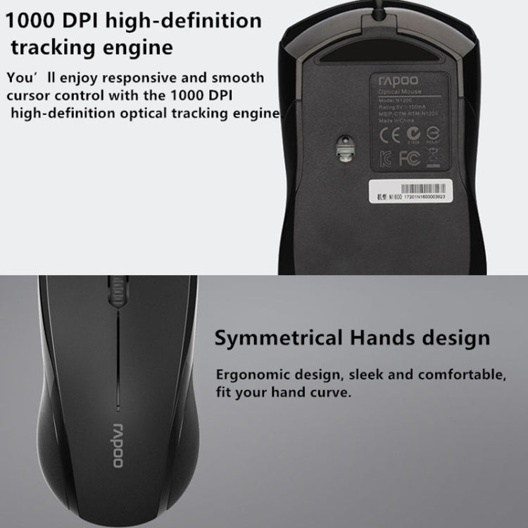 Rapoo N1600 1000 DPI 3 Keys Office Business Silent Wired Mouse, Cable Length: 1.5m