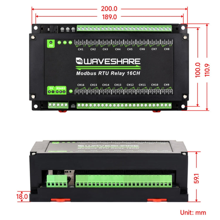 Waveshare 24921 Modbus RTU 16-Ch Relay Module, RS485 Interface, With Multiple Isolation Protection Circuits, 24921