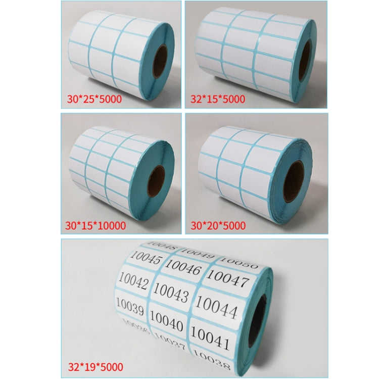 Three-Proof Thermal Paper Three-Row Bar Code Non-Adhesive Printing Paper, 25 x 15mm (10000 Pieces), 30 x 15mm (10000 Pieces), 30 x 20mm (10000 Pieces), 30 x 25mm (5000 Pieces), 32 x 25mm (5000 Pieces), 32 x 19mm (5000 Pieces), 32 x 15mm (5000 Pieces)