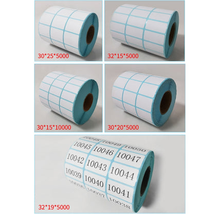 Three-Proof Thermal Paper Three-Row Bar Code Non-Adhesive Printing Paper, 25 x 15mm (10000 Pieces), 30 x 15mm (10000 Pieces), 30 x 20mm (10000 Pieces), 30 x 25mm (5000 Pieces), 32 x 25mm (5000 Pieces), 32 x 19mm (5000 Pieces), 32 x 15mm (5000 Pieces)