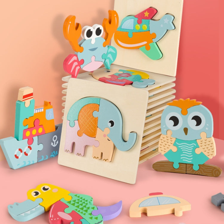 3 PCS Early Childhood Education Wooden Three-Dimensional Jigsaw Puzzle Toy, Excavator, Horse, Crab, Fish, Owl, Elephant, Airplane, Lion, Dirt Car, Frog, Police Car, Crocodile, Hedgehog, Rooster, Bulldozer, Ship, Y-Truck, Y-Owl, Y-Cattle, Y-Penguin, Y-C...