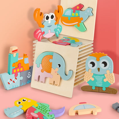 3 PCS Early Childhood Education Wooden Three-Dimensional Jigsaw Puzzle Toy, Excavator, Horse, Crab, Fish, Owl, Elephant, Airplane, Lion, Dirt Car, Frog, Police Car, Crocodile, Hedgehog, Rooster, Bulldozer, Ship, Y-Truck, Y-Owl, Y-Cattle, Y-Penguin, Y-C...