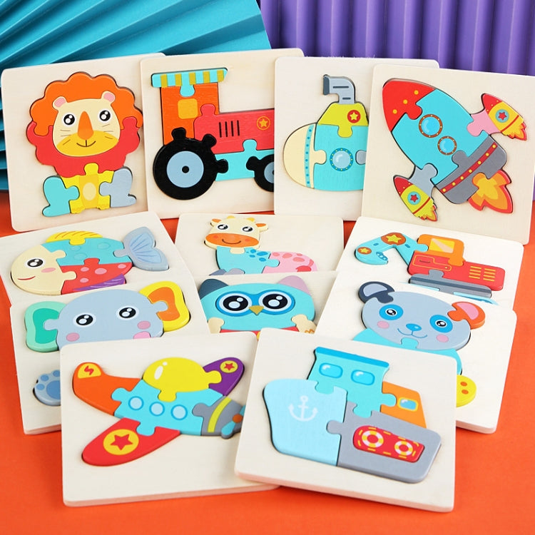 5 PCS Children Wooden Three-Dimensional Puzzle Early Education Cartoon Animal Geometric Educational Toys, Plane, Ship, Deer, Panda, Owl, Elephant, Lion, Excavator, Tractor, Submarine, Rocket, Fish