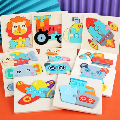 5 PCS Children Wooden Three-Dimensional Puzzle Early Education Cartoon Animal Geometric Educational Toys, Plane, Ship, Deer, Panda, Owl, Elephant, Lion, Excavator, Tractor, Submarine, Rocket, Fish