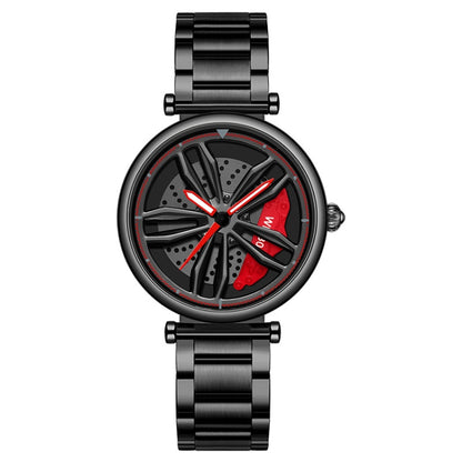 SANDA P1074 Cool Couple Steel Band Quartz Watch Wheel Series Dial Ladies Watch, For Ladies Black Red, For Ladies Black Green, For Ladies Rose Gold, For Ladies Silver Red