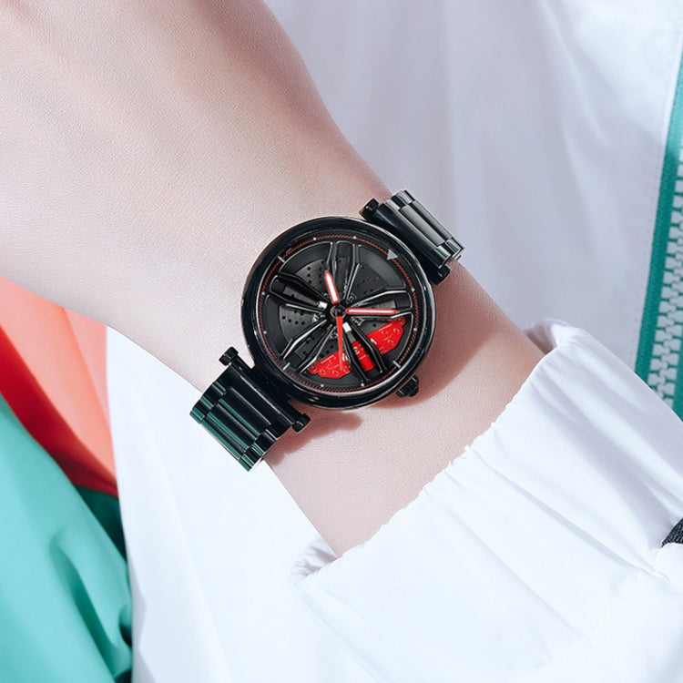 SANDA P1074 Cool Couple Steel Band Quartz Watch Wheel Series Dial Ladies Watch, For Ladies Black Red, For Ladies Black Green, For Ladies Rose Gold, For Ladies Silver Red