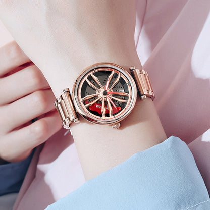 SANDA P1074 Cool Couple Steel Band Quartz Watch Wheel Series Dial Ladies Watch, For Ladies Rose Gold, For Ladies Silver Red, For Ladies Black Red, For Ladies Black Green