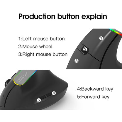 DELUX M618C 6 Keys 1600 DPI RGB Vertical Wireless Bluetooth Dual Mode Mouse, M618C(Black), M618C(White)