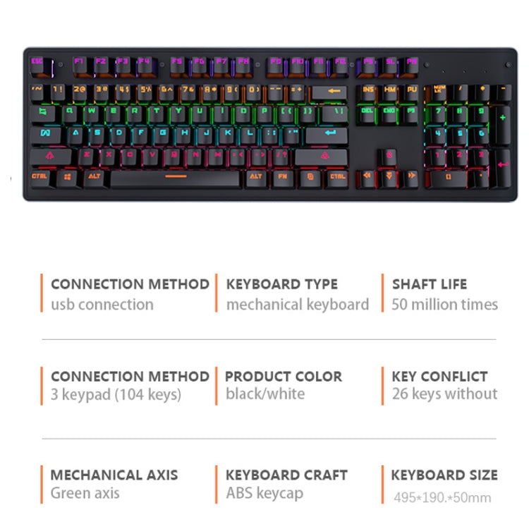 LEAVEN K880 104 Keys Gaming Green Axis Office Computer Wired Mechanical Keyboard, Cabel Length:1.6m, Black, White